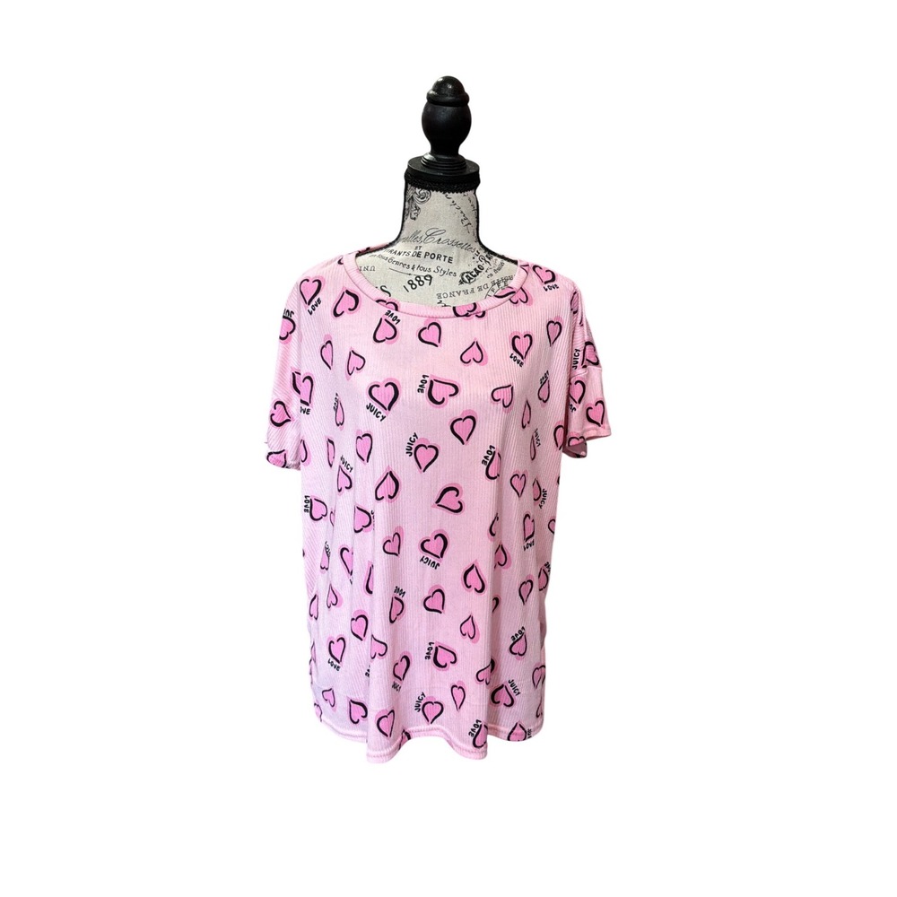 Juicy Couture Pink Ribbed Heart Print Short Sleeve Sleep Shirt Lounge Top